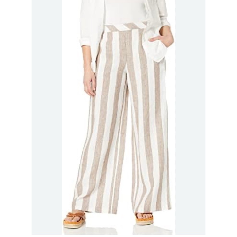 Trina Turk Beige and White Striped Wide Leg Pants